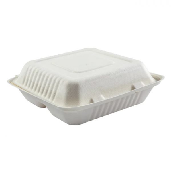 9″ x 9″ x 3.19″ 3-Comp Hinged Bagasse Containers