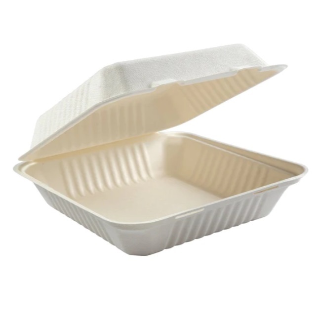 8″ x 8″ x 3.19″ Hinged Bagasse Take Out Containers