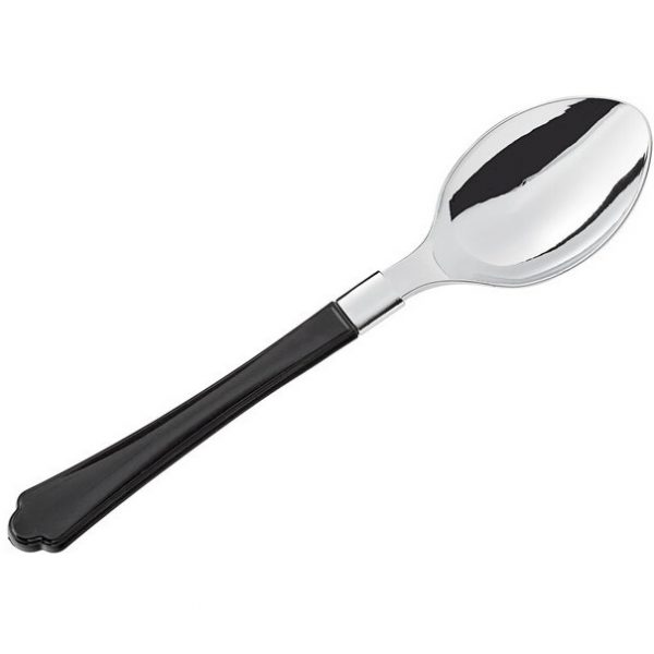 Silver HD Plastic Spoons w/ Black Handle 20/pkg